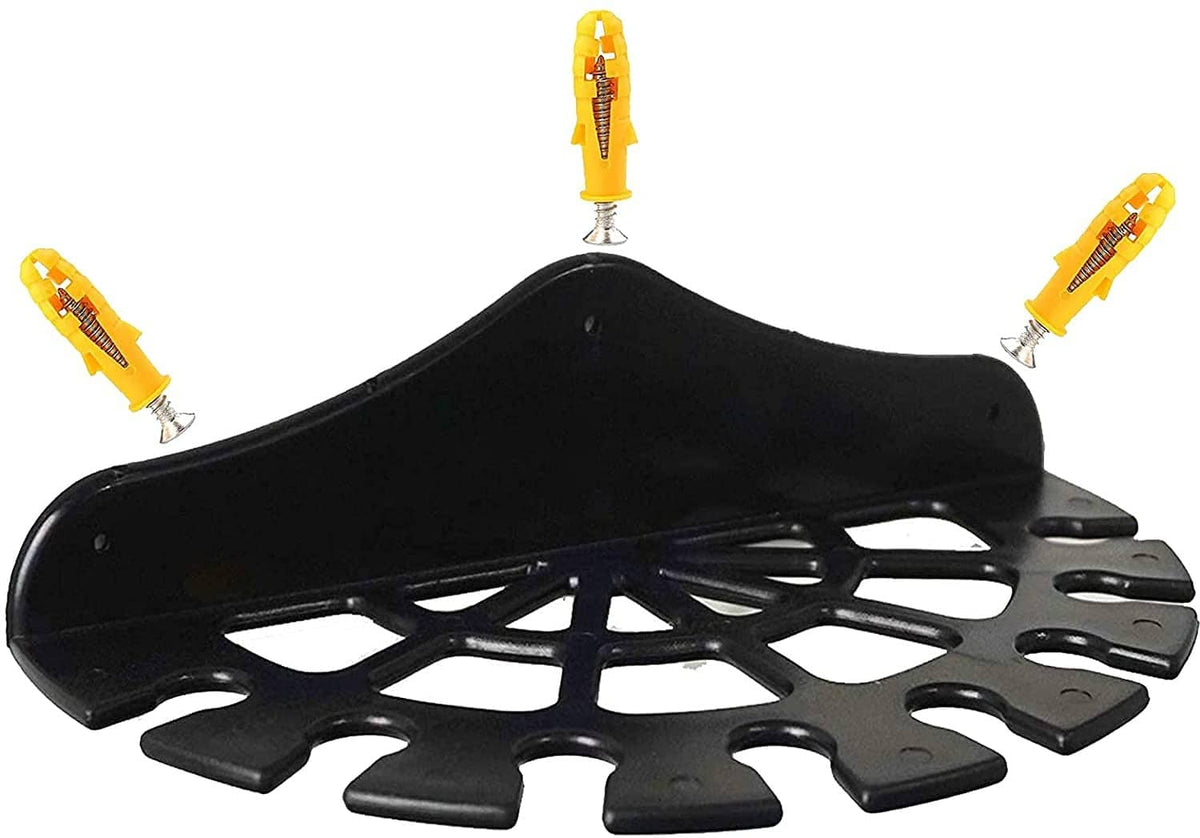Black putter rack with open slots and hanging yellow-topped club grips.
