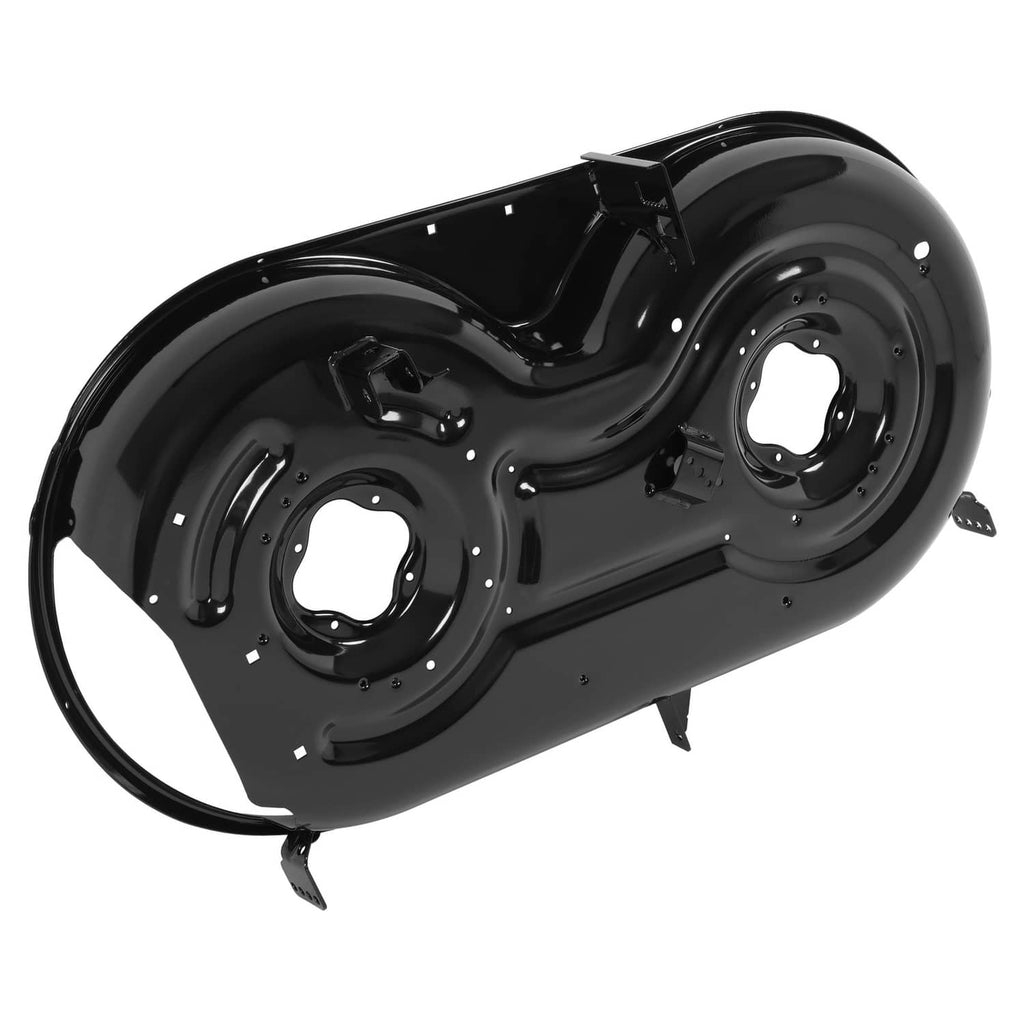 42" cutting deck assembly with two circular spindle openings and curved black housing
