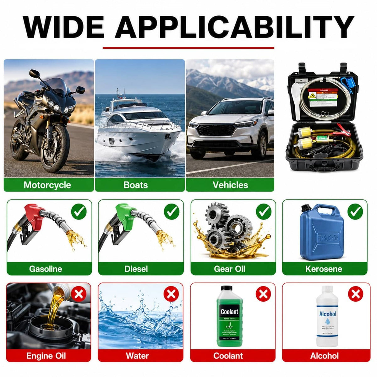 Fuel transfer pump kit shown with pump unit, hoses, and filter components