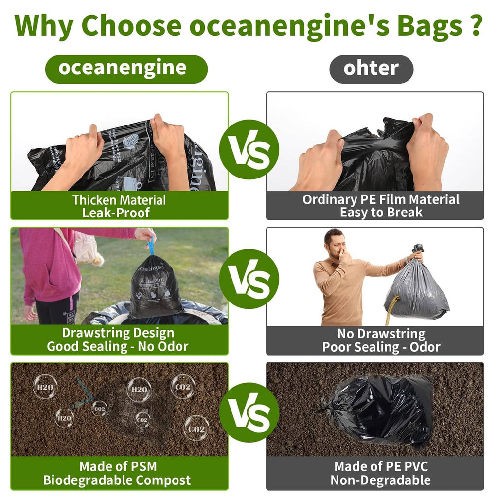 Portable toilet bags comparison graphic showing thick material and drawstring seal