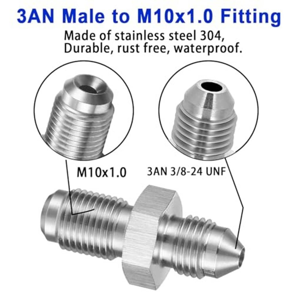 Stainless steel brake adapter fitting with two male threaded ends and hex coupling