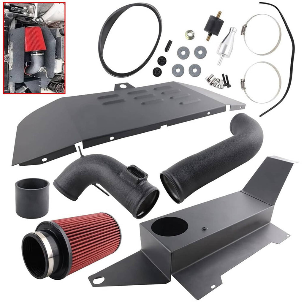 Cold air intake pipe kit with black heat shield, hoses, red air filter, and clamps