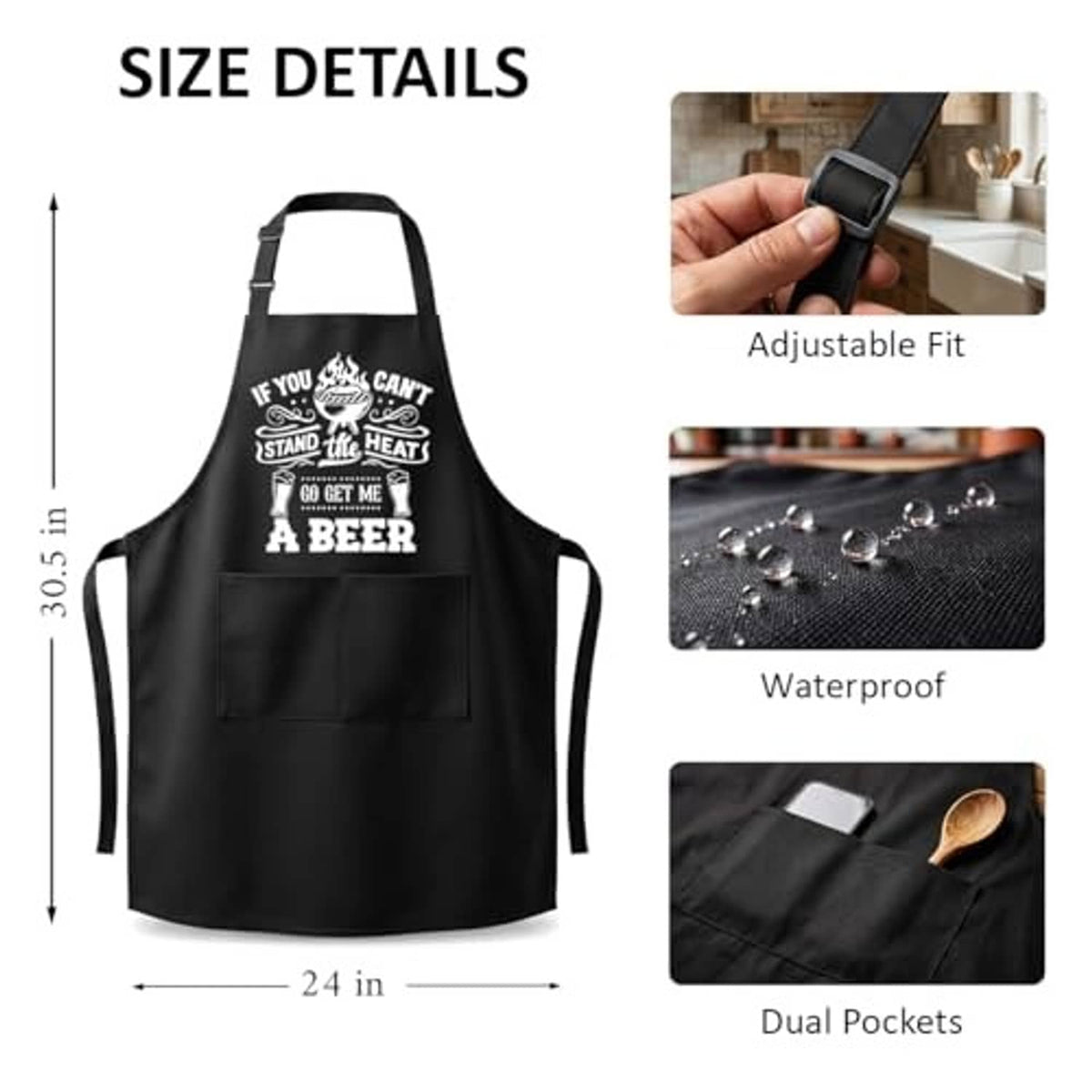 Black apron size details: adjustable fit, waterproof fabric, and dual pockets; beer graphic.