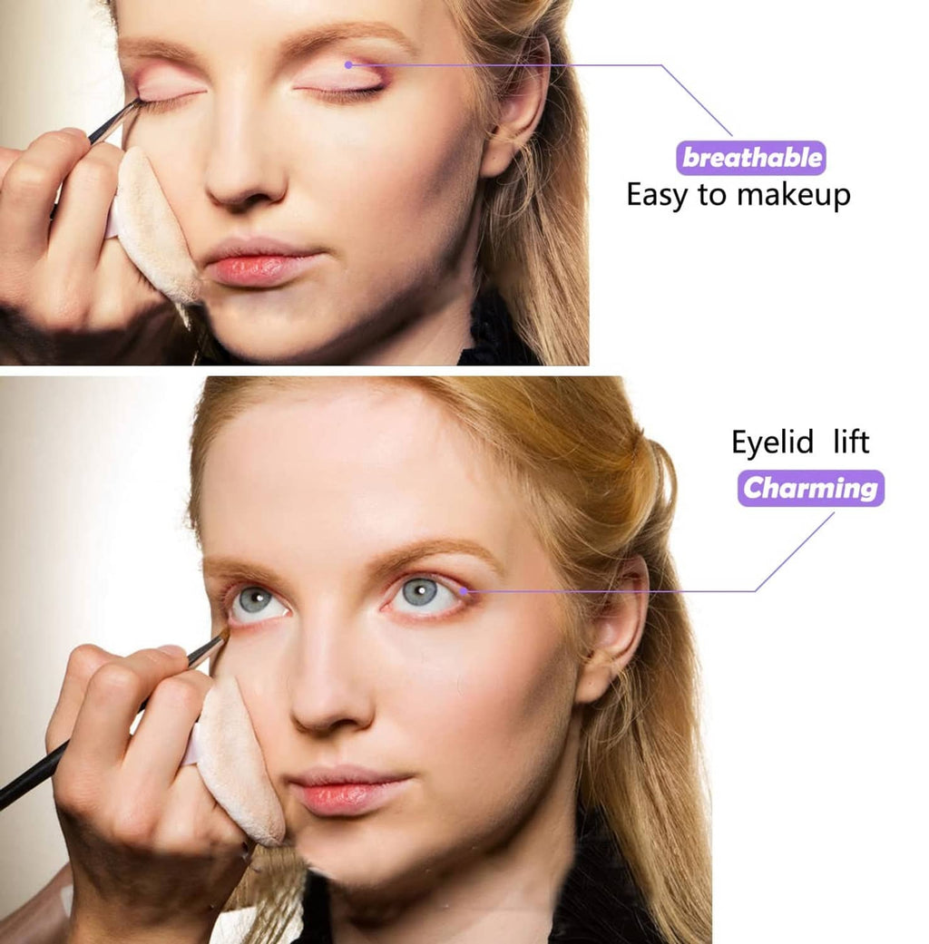 Woman applying invisible single-side eyelid tape strip along upper lash line