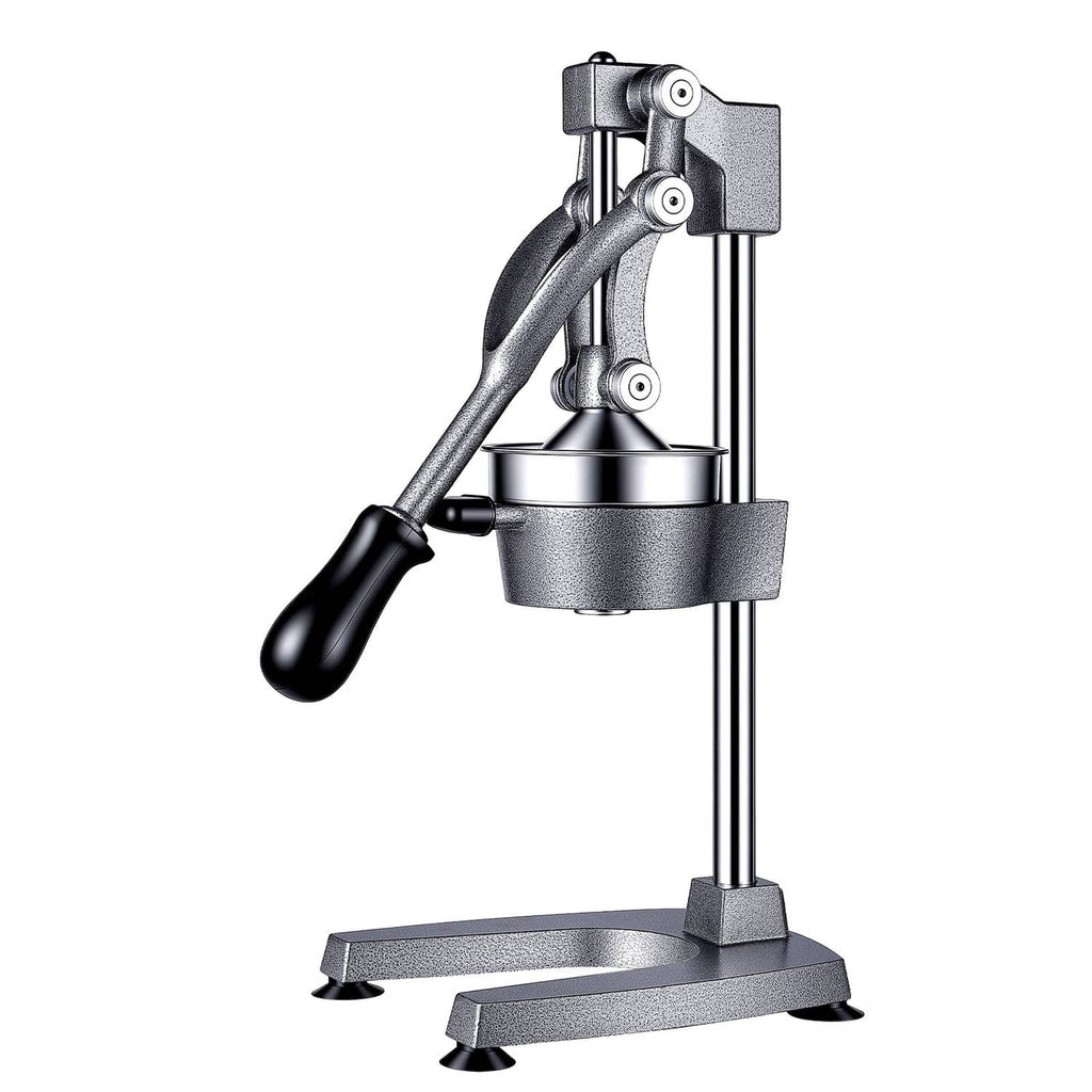 Manual citrus juicer with tall stand, silver-gray press lever and base