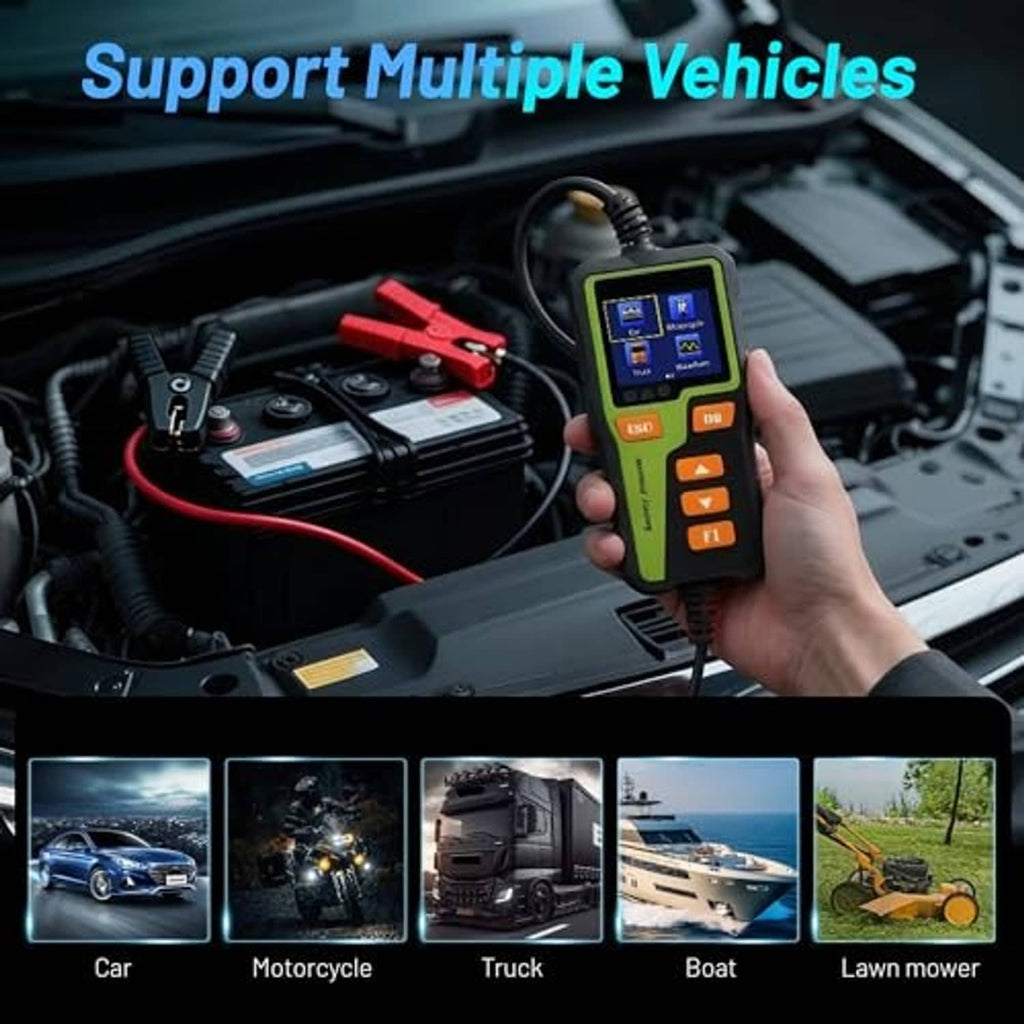 Car battery tester in vehicle engine bay with screen and red battery leads