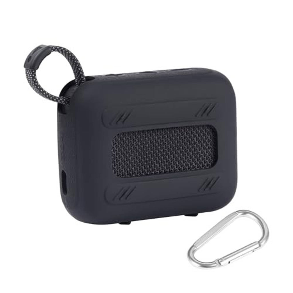 Black silicone speaker case with fabric-style grill panel and carabiner clip