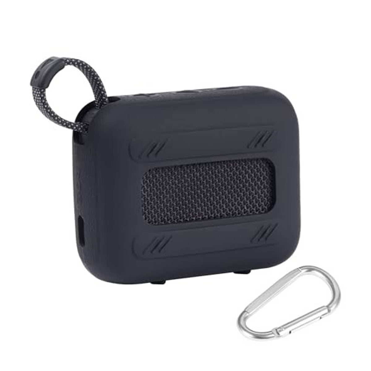 Black silicone speaker case with fabric-style grill panel and carabiner clip