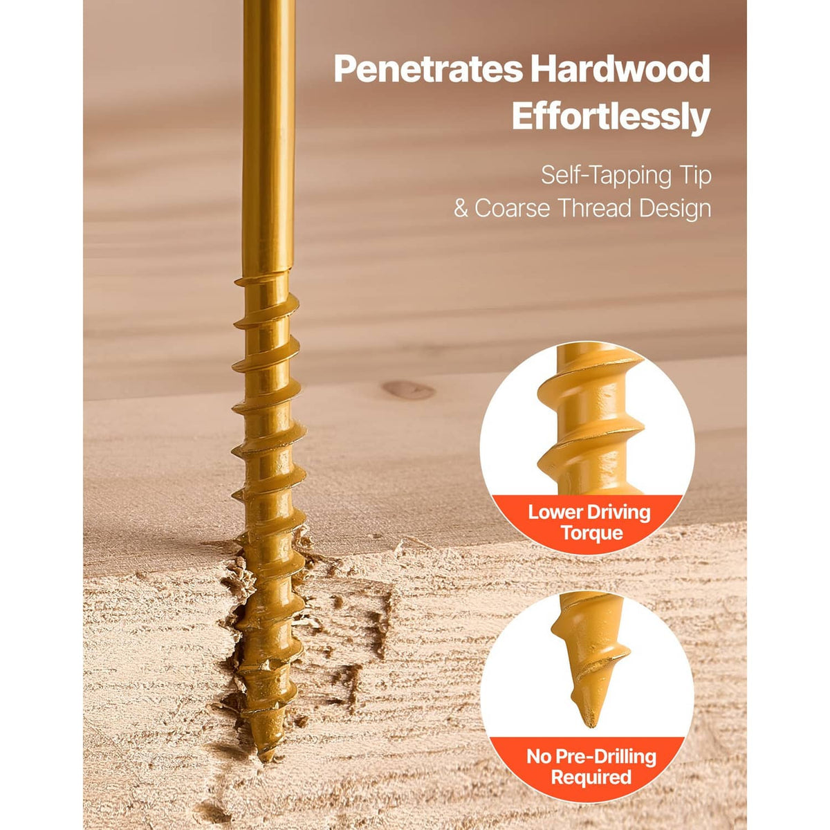 Gold wood screw with self-tapping tip and coarse thread design for fast penetration