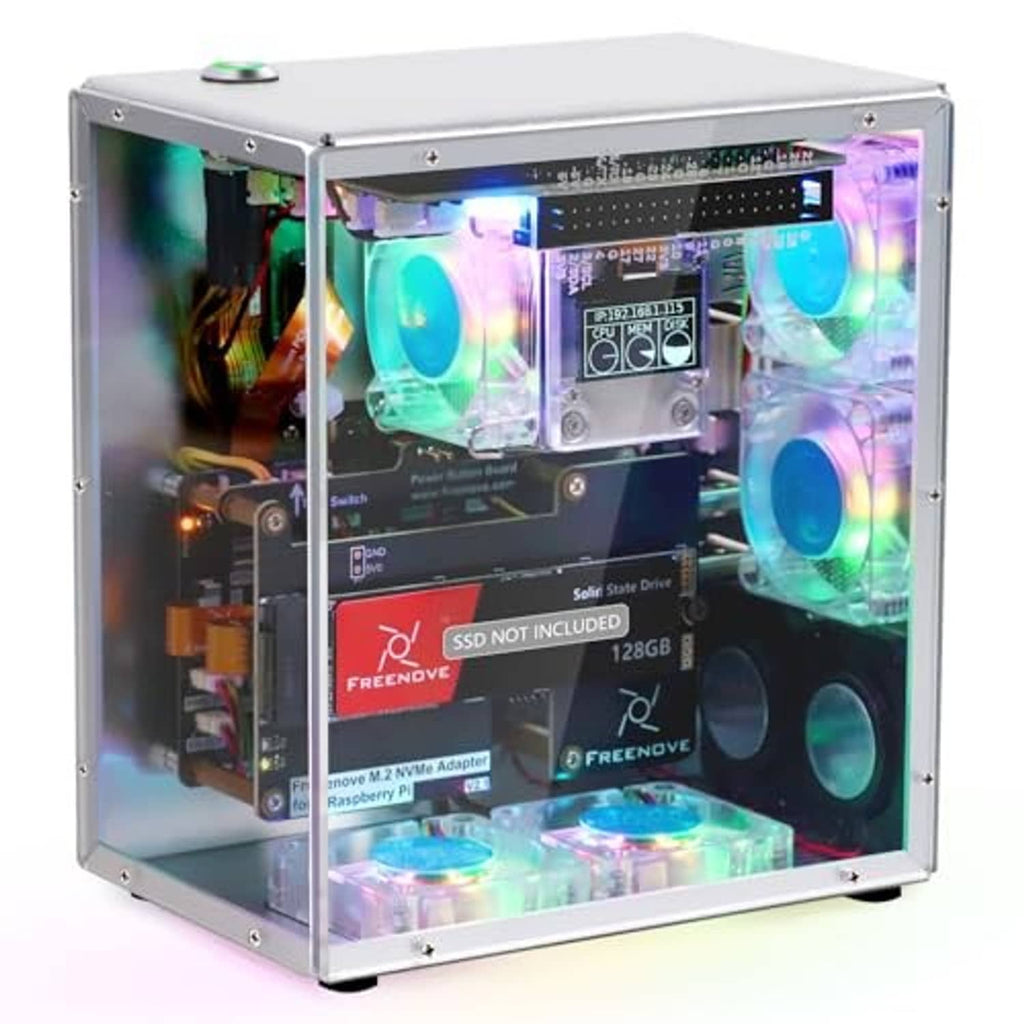 Clear acrylic PC case with RGB ARGB fans, Raspberry Pi board, and built-in cooler