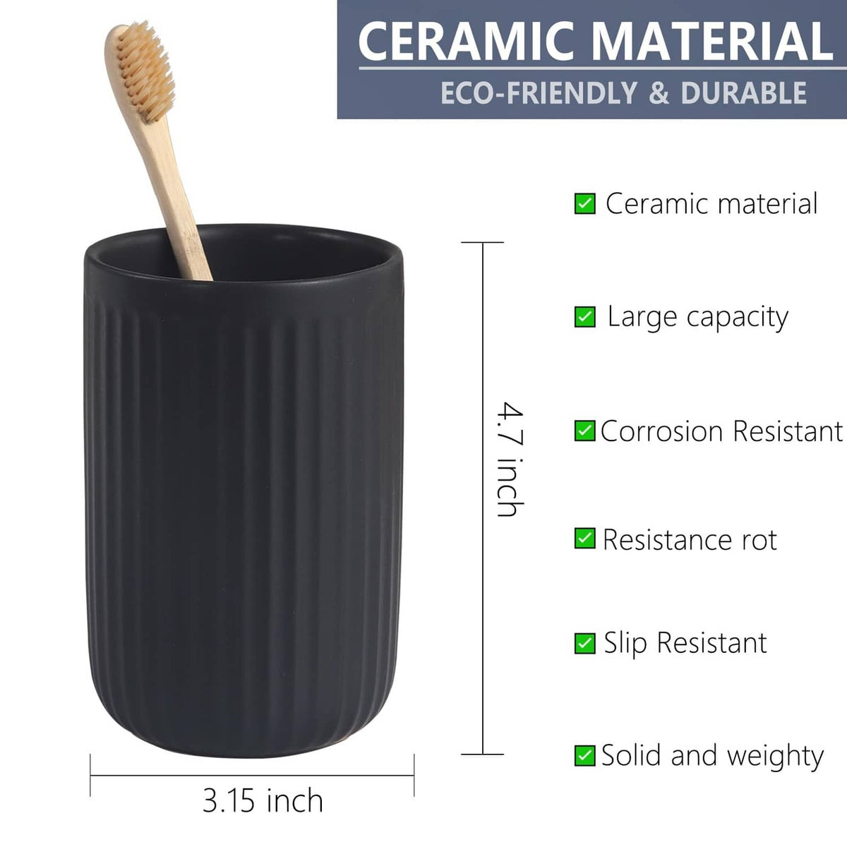 Matte black ceramic toothbrush holder with upright toothbrush, ribbed cup design