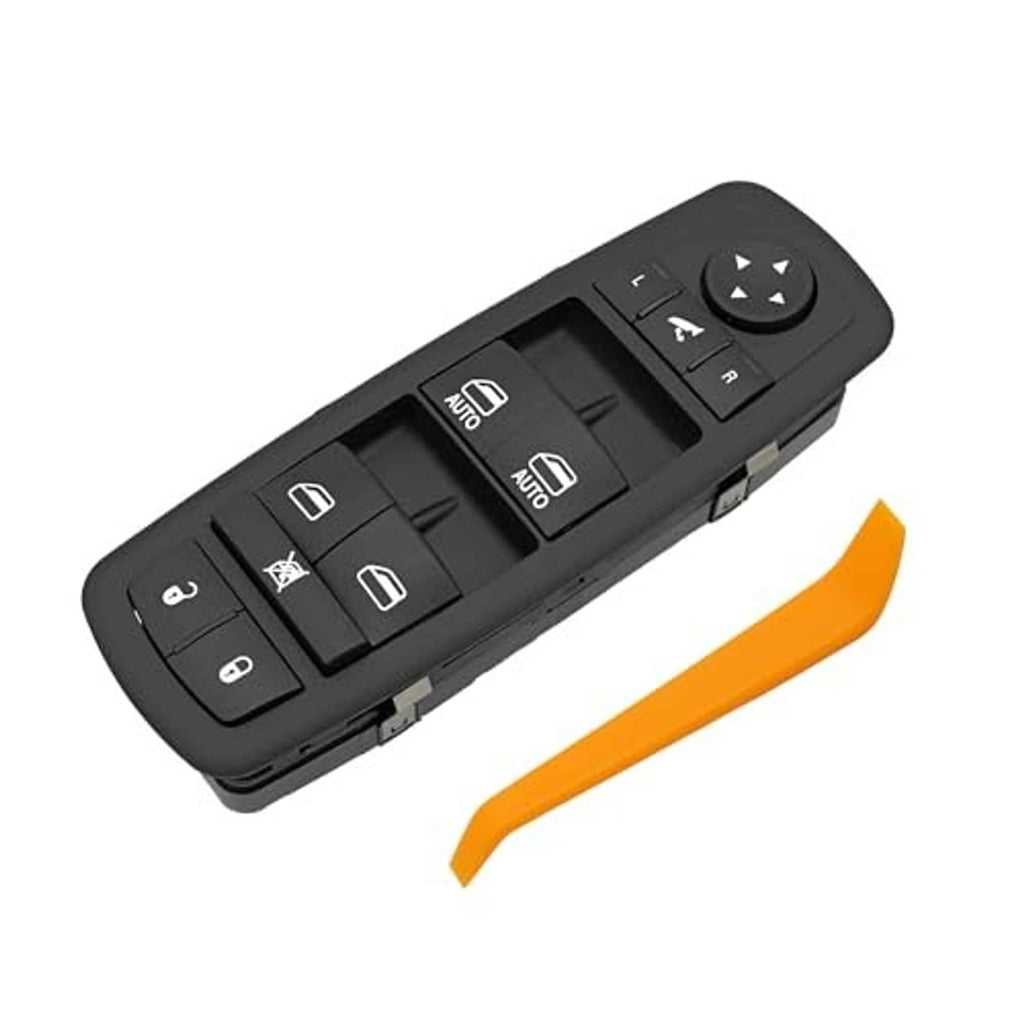Black power window control switch with multiple rocker buttons and direction controls.