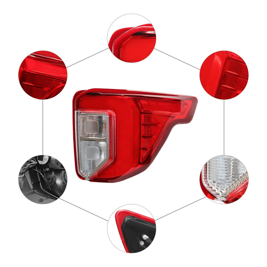 Right-side LED tail light with red lens and clear reflector, feature detail callouts.