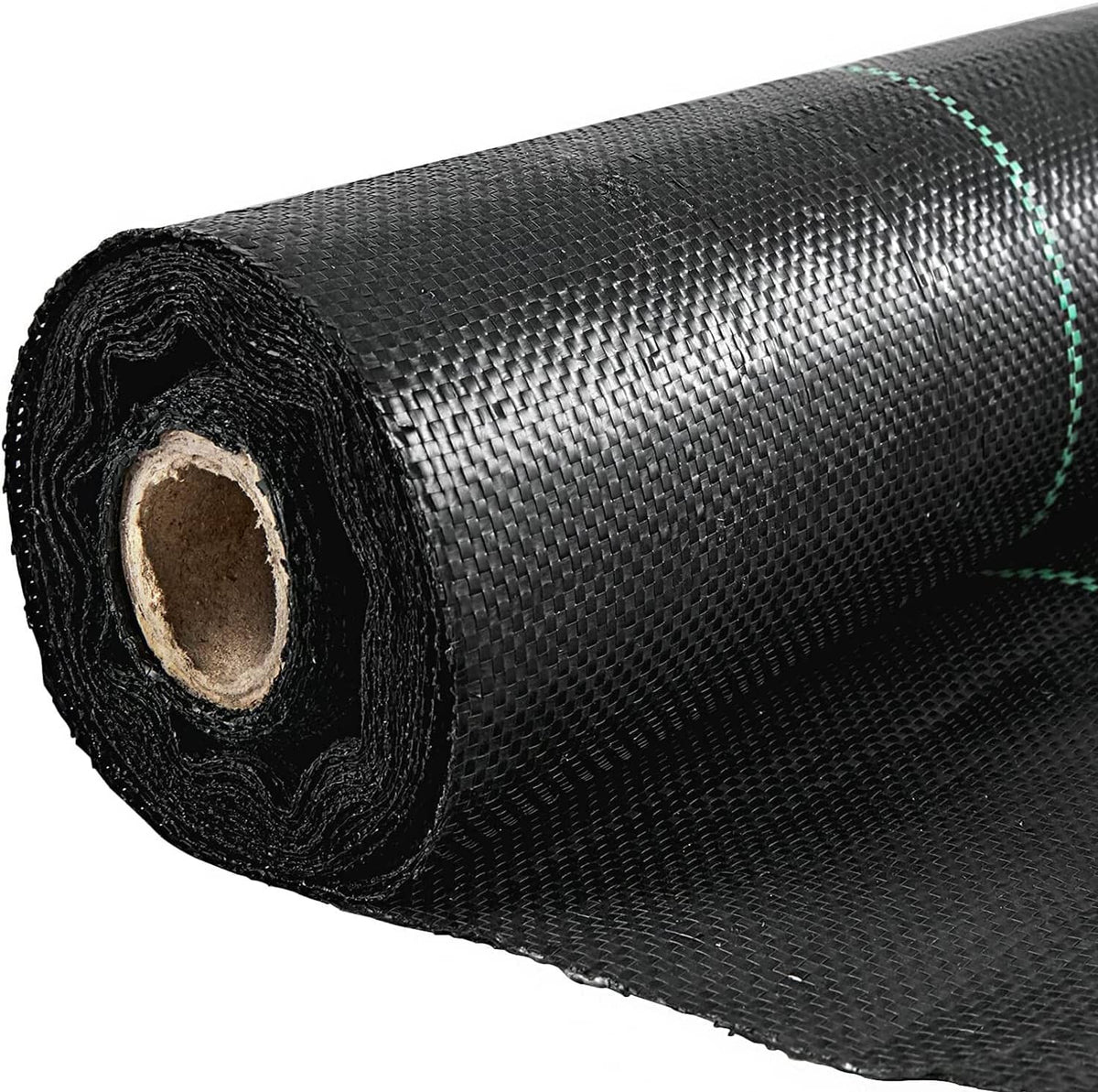 Rolled black woven landscape weed barrier fabric with green edge stitching