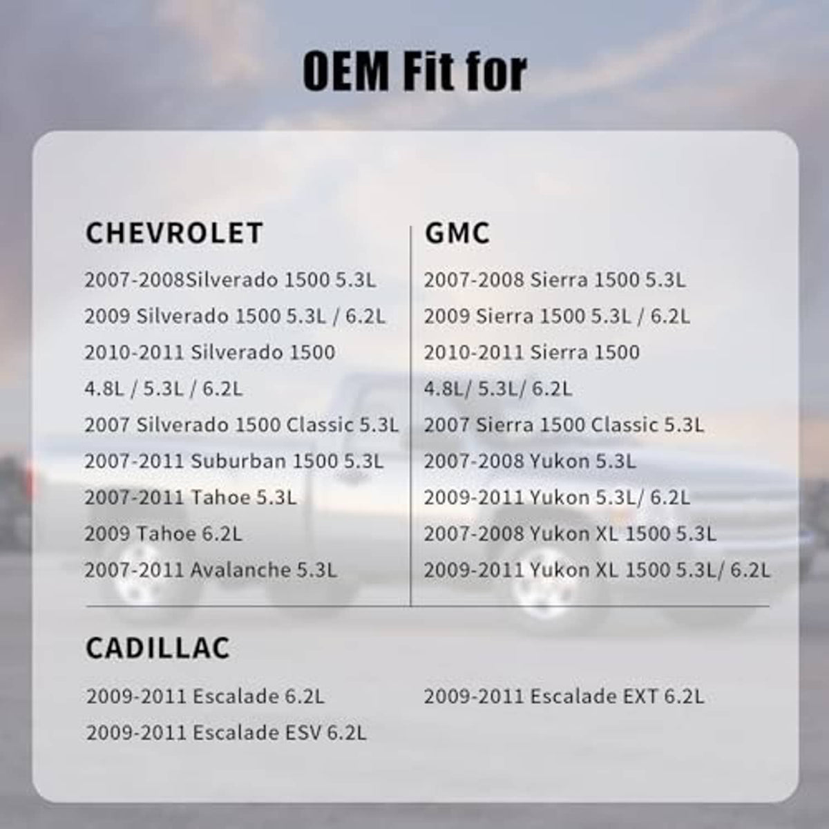 Fuel cap fitment chart for E85 gas cap, listing Chevy, GMC, Cadillac models