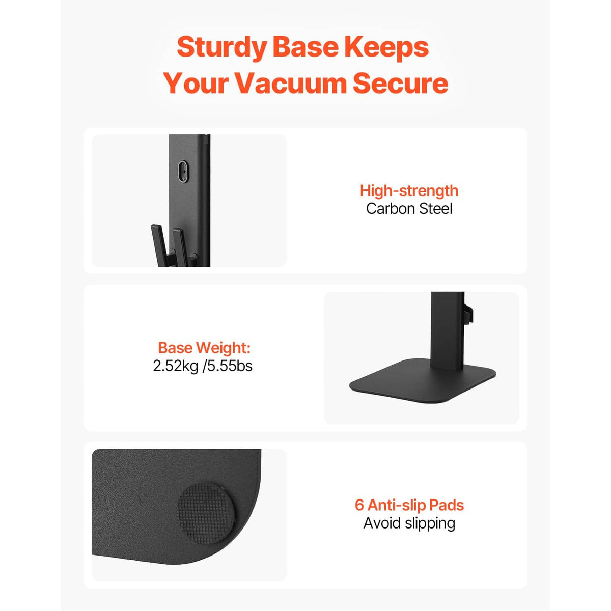 Black vacuum stand with wide base and anti-slip pads for stable upright storage