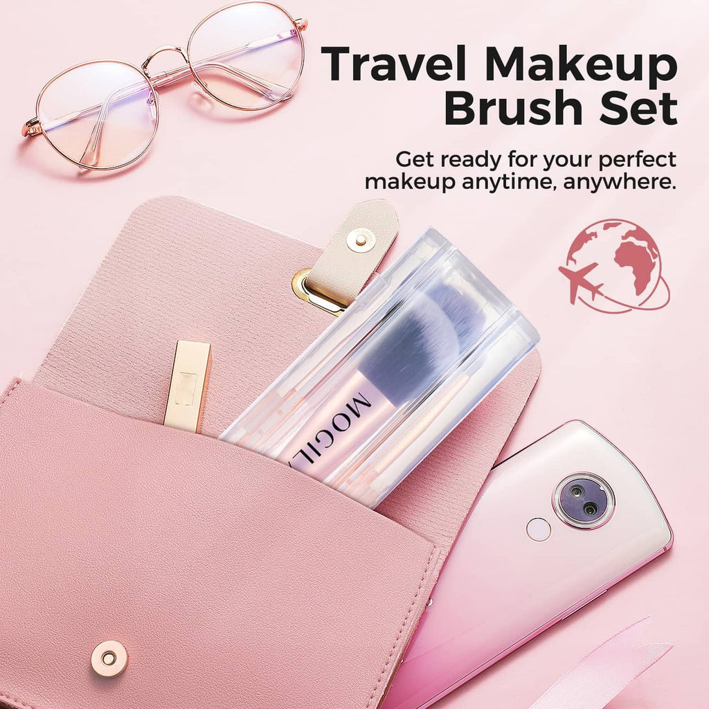 Travel makeup brush set inside clear pink case with brushes and travel-ready pouch