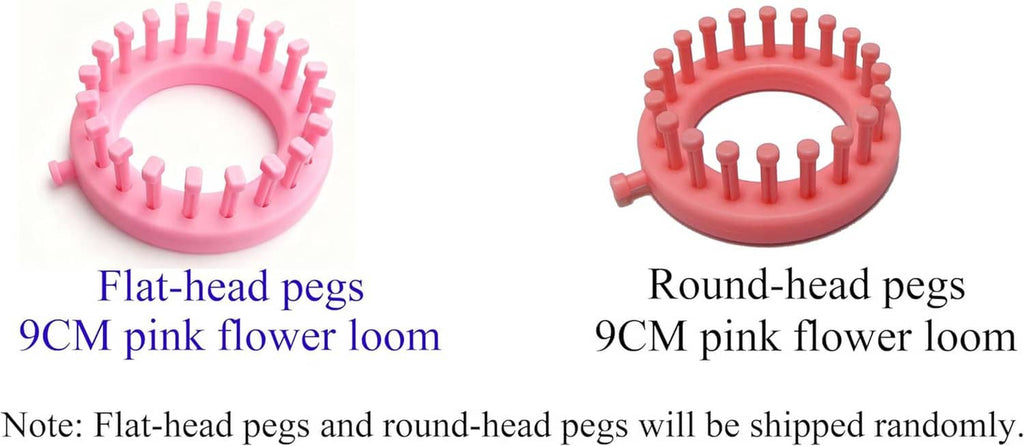 Pink round knitting loom with flat-head and round-head pegs, shown side by side
