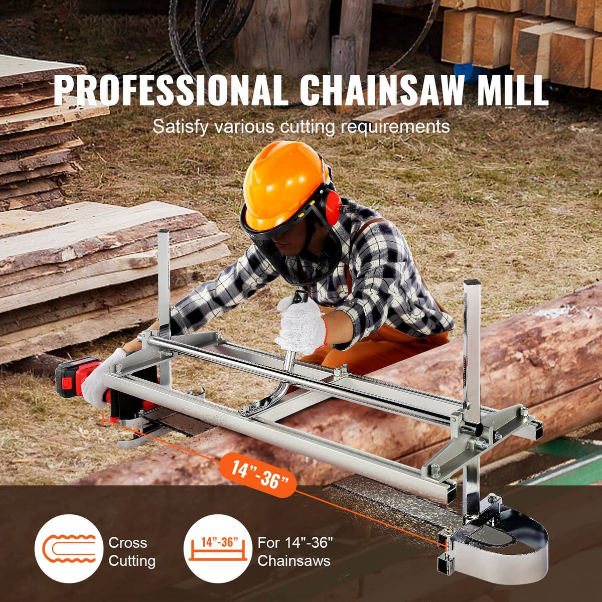 Chainsaw mill guide rail on metal frame with cross-cut saw support, silver