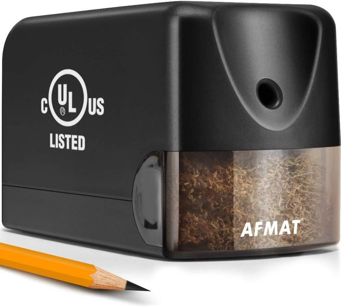 Black electric pencil sharpener with UL seal and AFMAT shaving chamber window