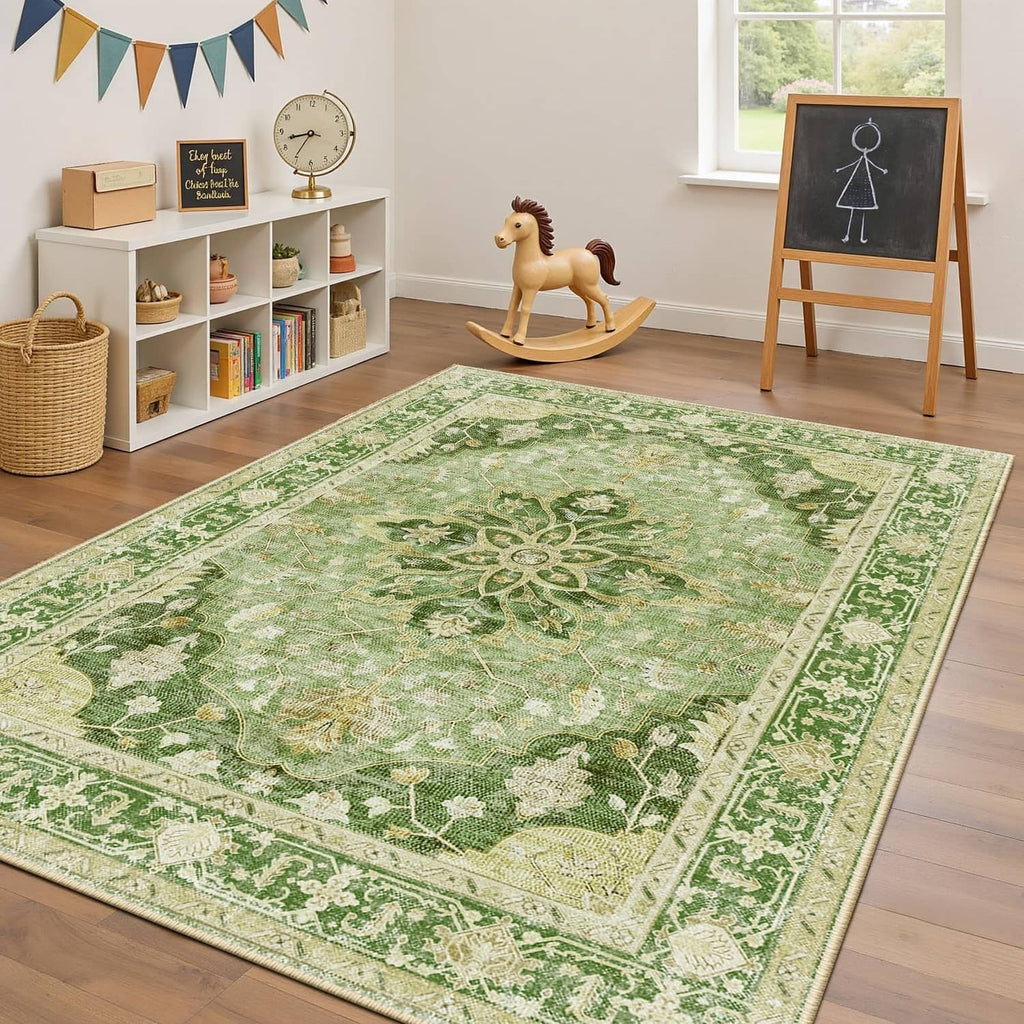 Green decorative area rug with cream scrolling motifs on hardwood floor in a kids room