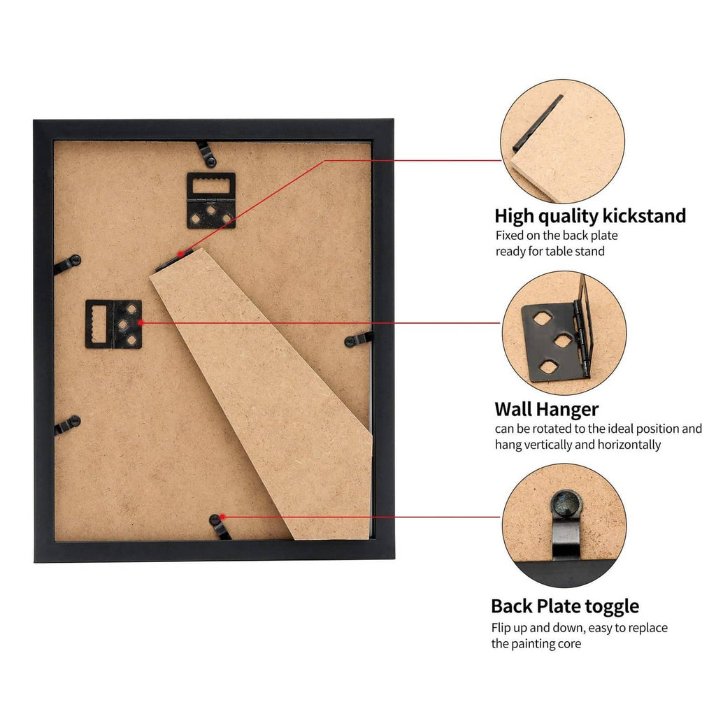 Black 8.5x11 picture frame with backplate toggle, wall hanger, and kickstand