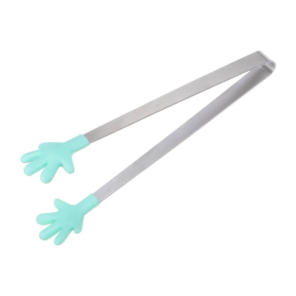 Stainless steel mini food tongs with turquoise silicone hand-shaped grips