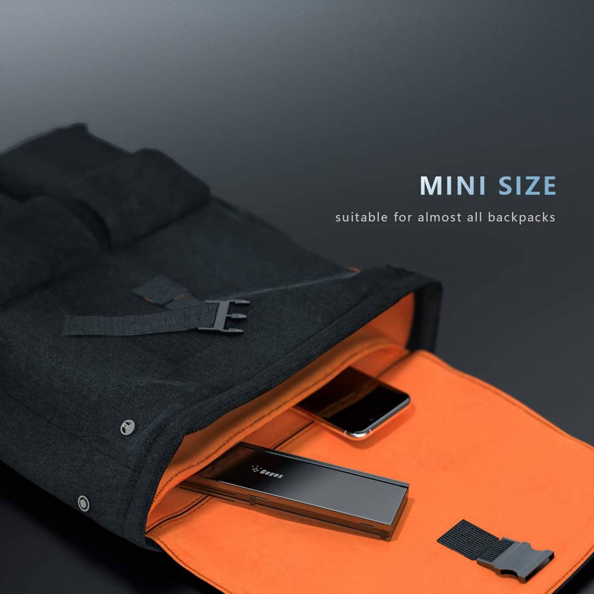 Foldable Bluetooth keyboard packed in a travel pouch, compact size.