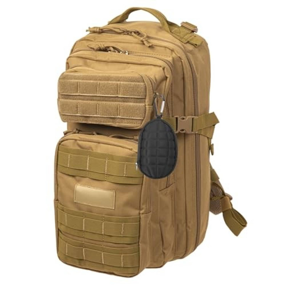 Tan tactical backpack with attached black oval clip-on chalk pouch
