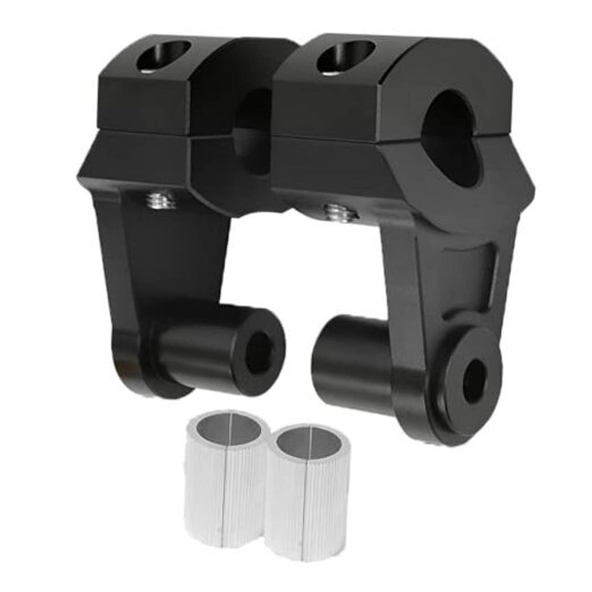 Black motorcycle handlebar riser clamp set with pivoting mounts and included bushings