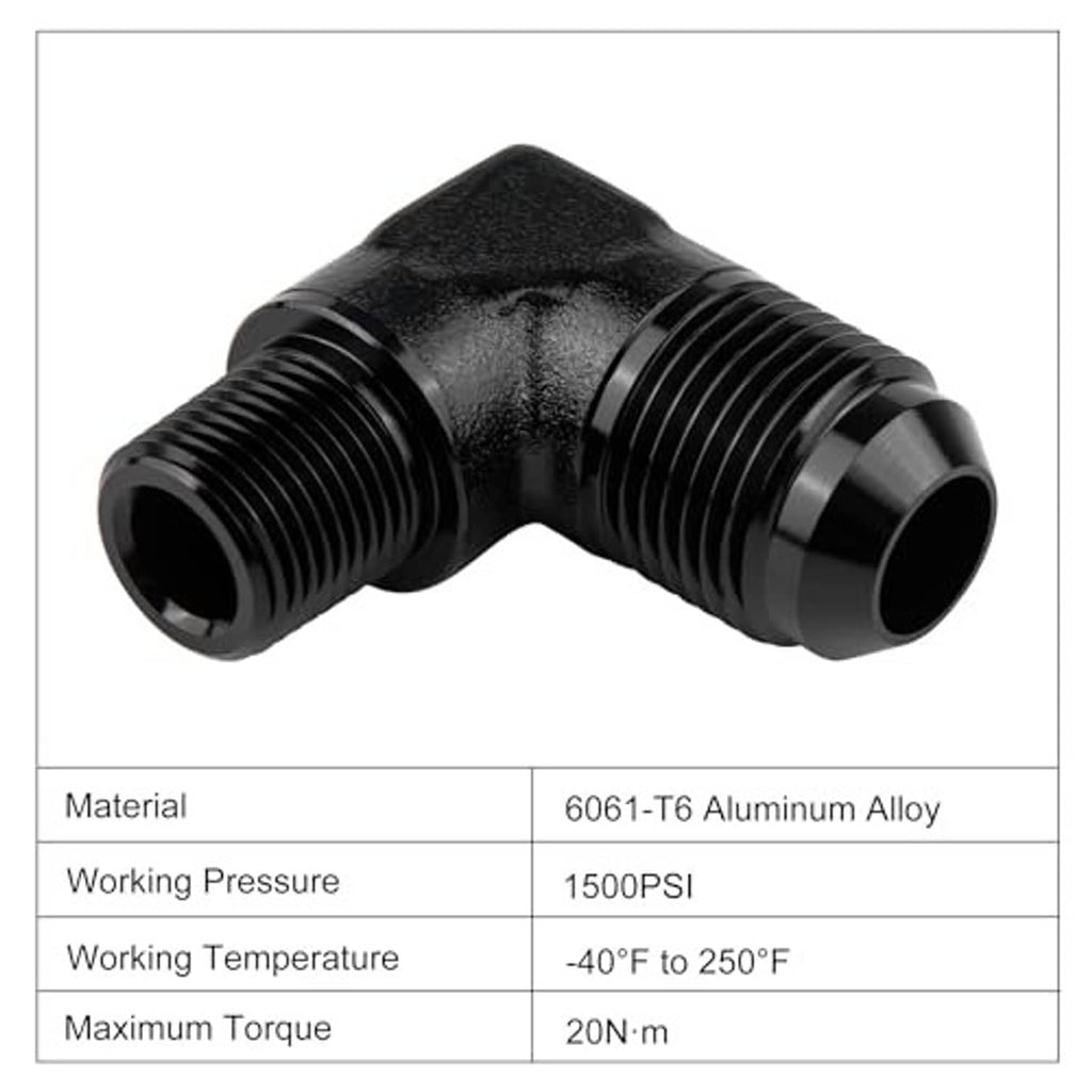 Black 90-degree AN-to-NPT male fitting adapter with threaded ends and hex head