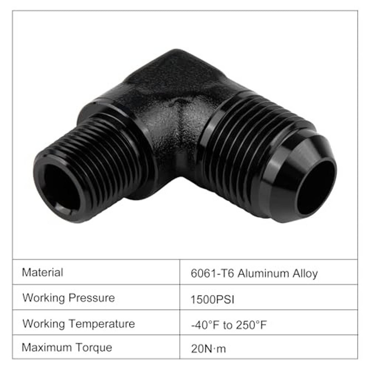 Black 90-degree AN-to-NPT male fitting adapter with threaded ends and hex head