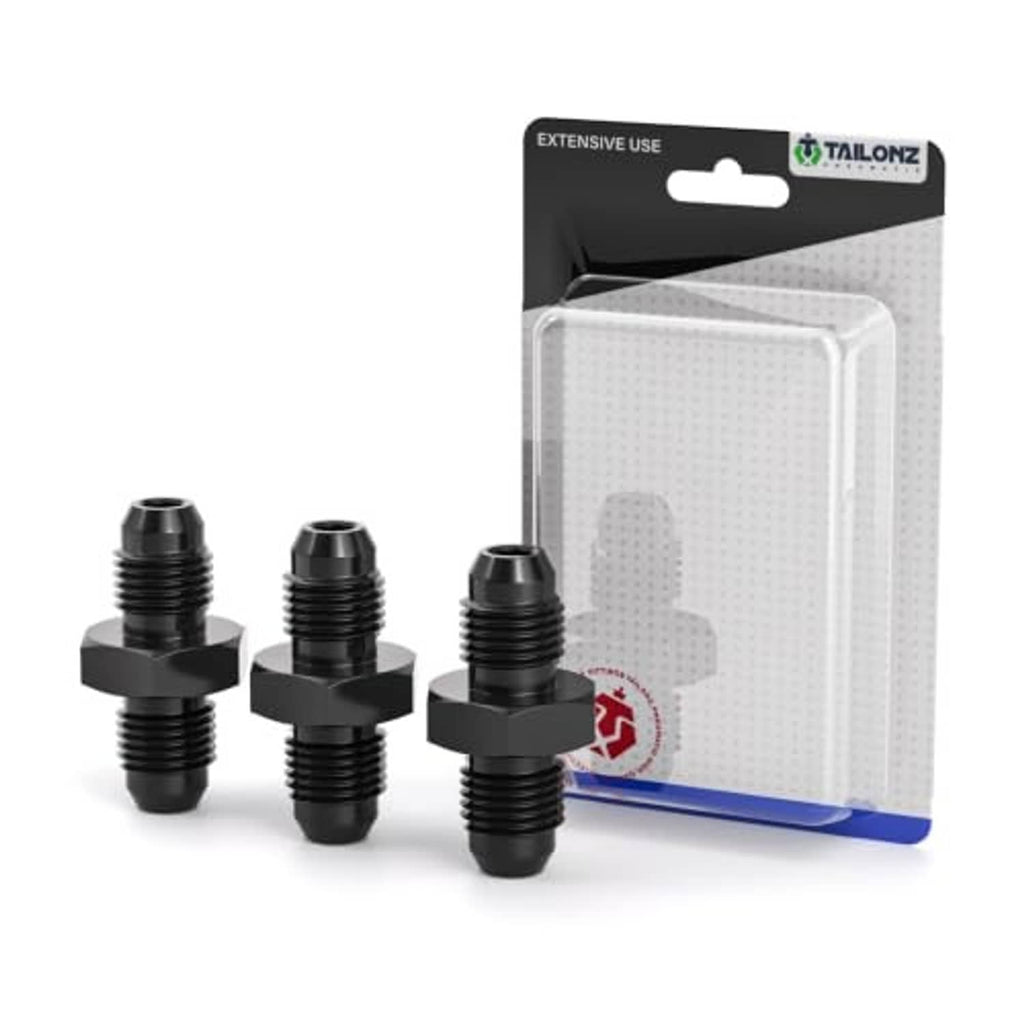 Black aluminum straight male-to-male AN pipe adapter fittings, three stacked with retail packaging