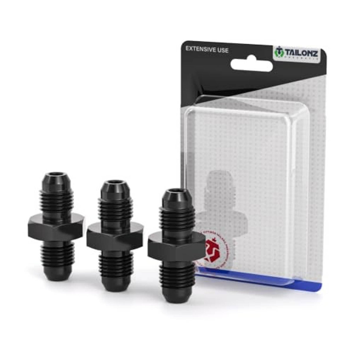 Black aluminum straight male-to-male AN pipe adapter fittings, three stacked with retail packaging