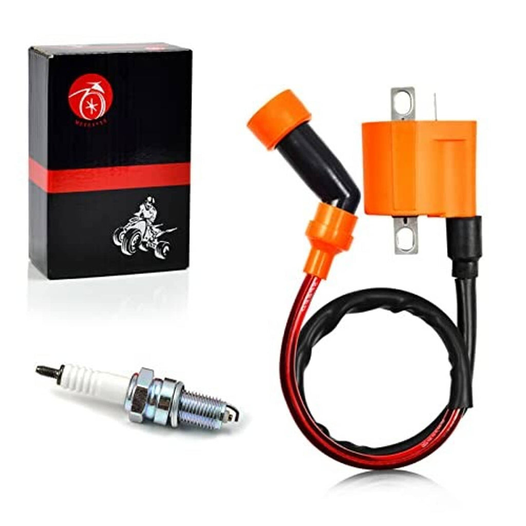 Ignition coil and CDI box kit with orange connector, black/red cable, and spark plug