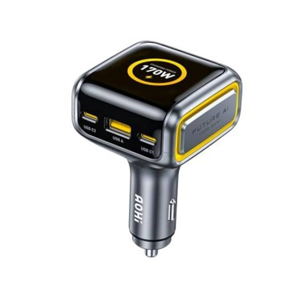 Black and silver car charger with TFT display and yellow trim; USB-A and USB-C ports