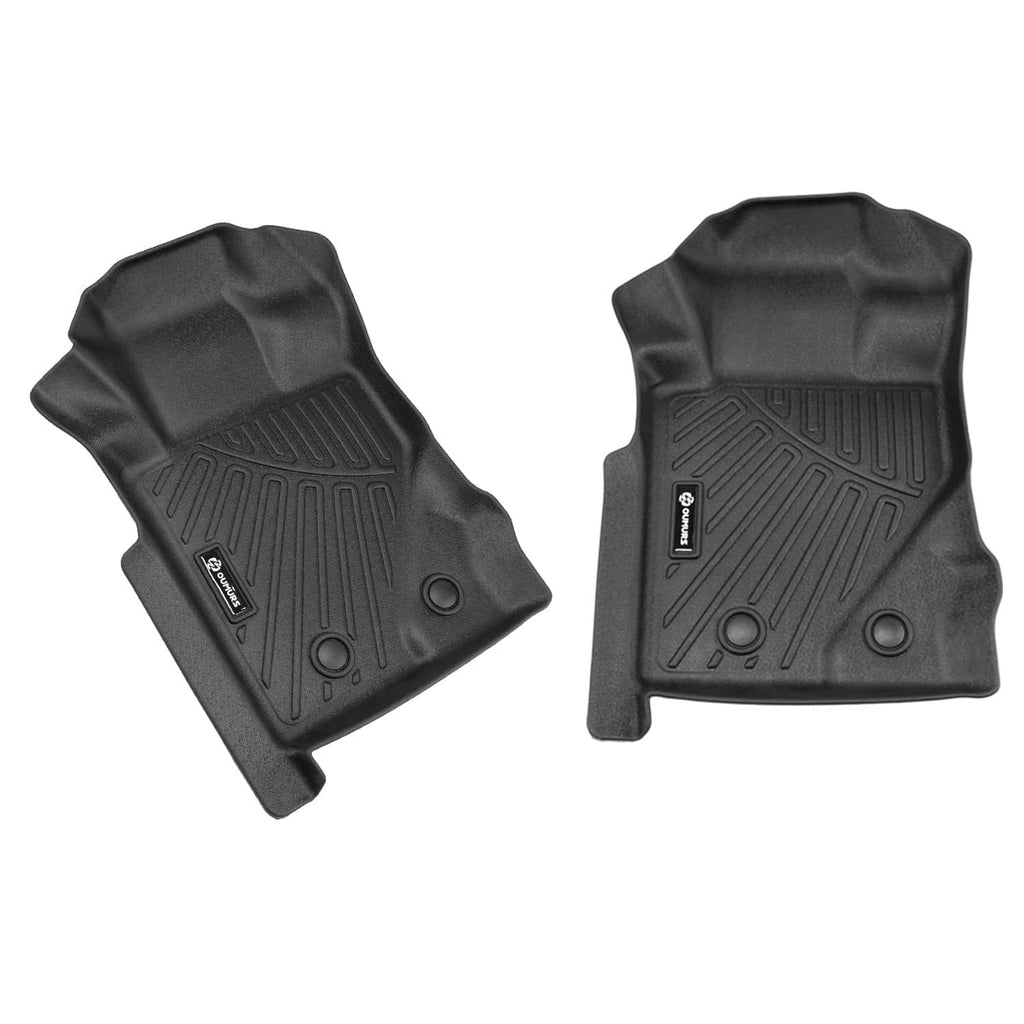 Black pair of front floor mats with raised ridges and circular anchor holes