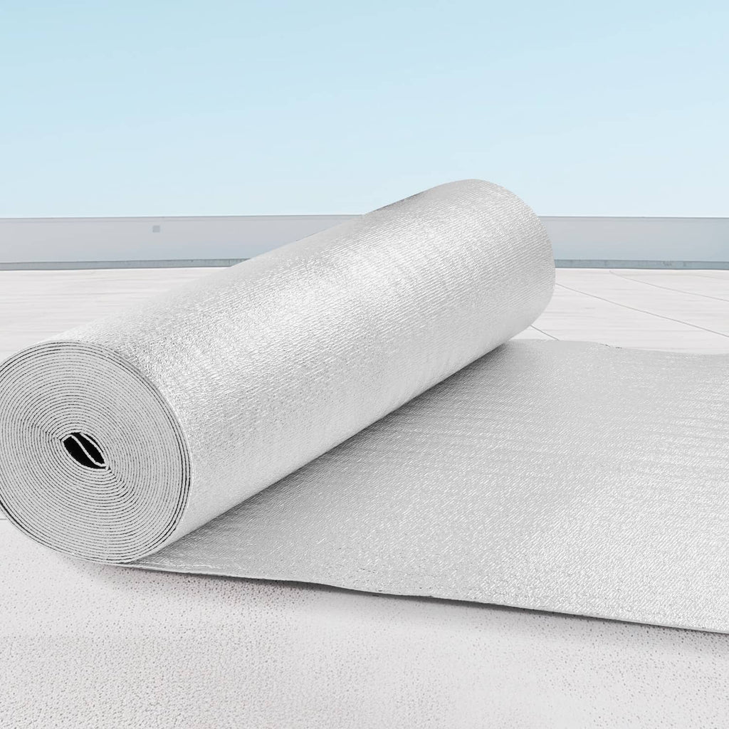 Silver reflective radiant barrier insulation roll with sheet extending outward