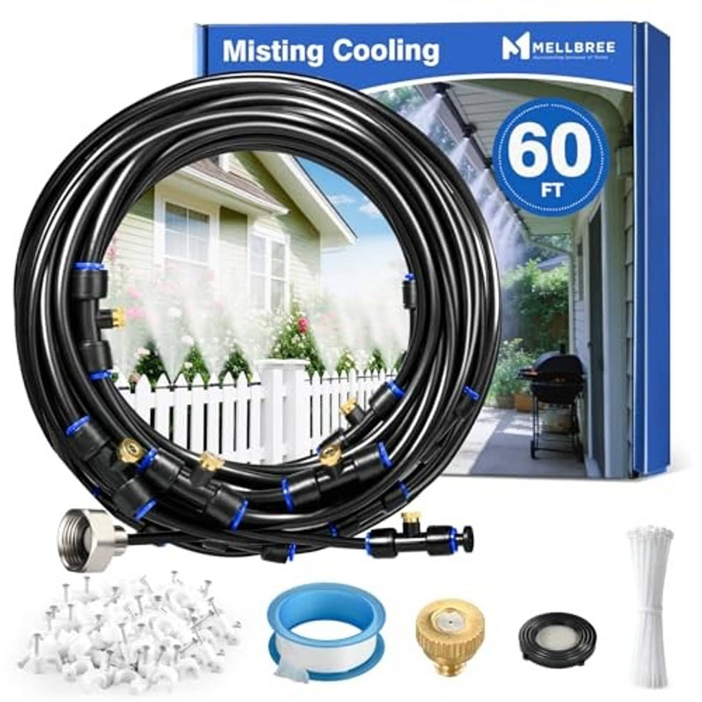 Curled black misting hose with brass connector and included mist nozzle parts, 60 ft system