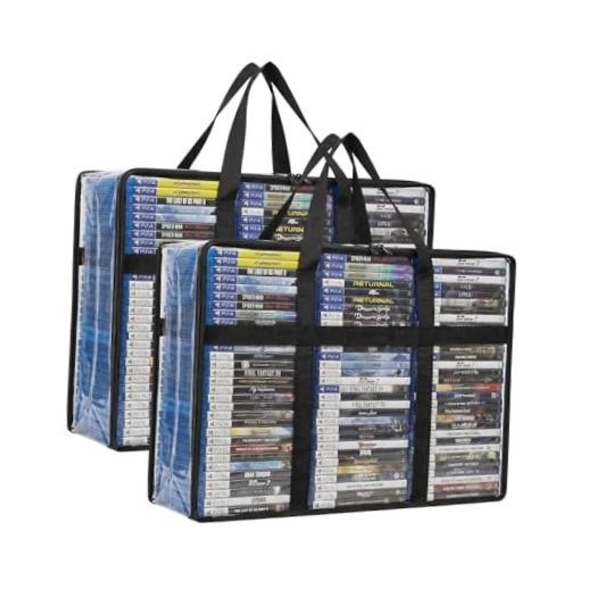 2-pack blue Blu-ray storage bag set with clear sleeves and black top handles