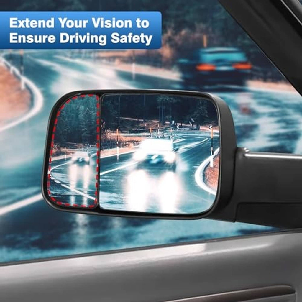 Left side mirror glass reflecting road scene, with black mirror frame