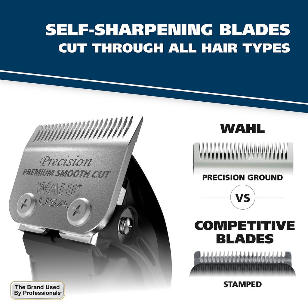 Self-sharpening clipper blades close-up with precision smooth cut blade label