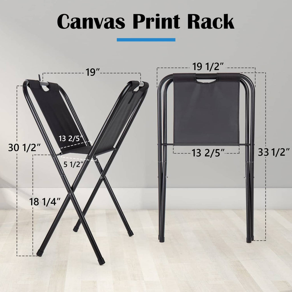 Black folding canvas print rack with carry handle and metal legs