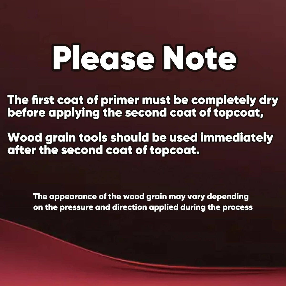 Instruction graphic for wood-grain tools with dry-coat and timing guidance