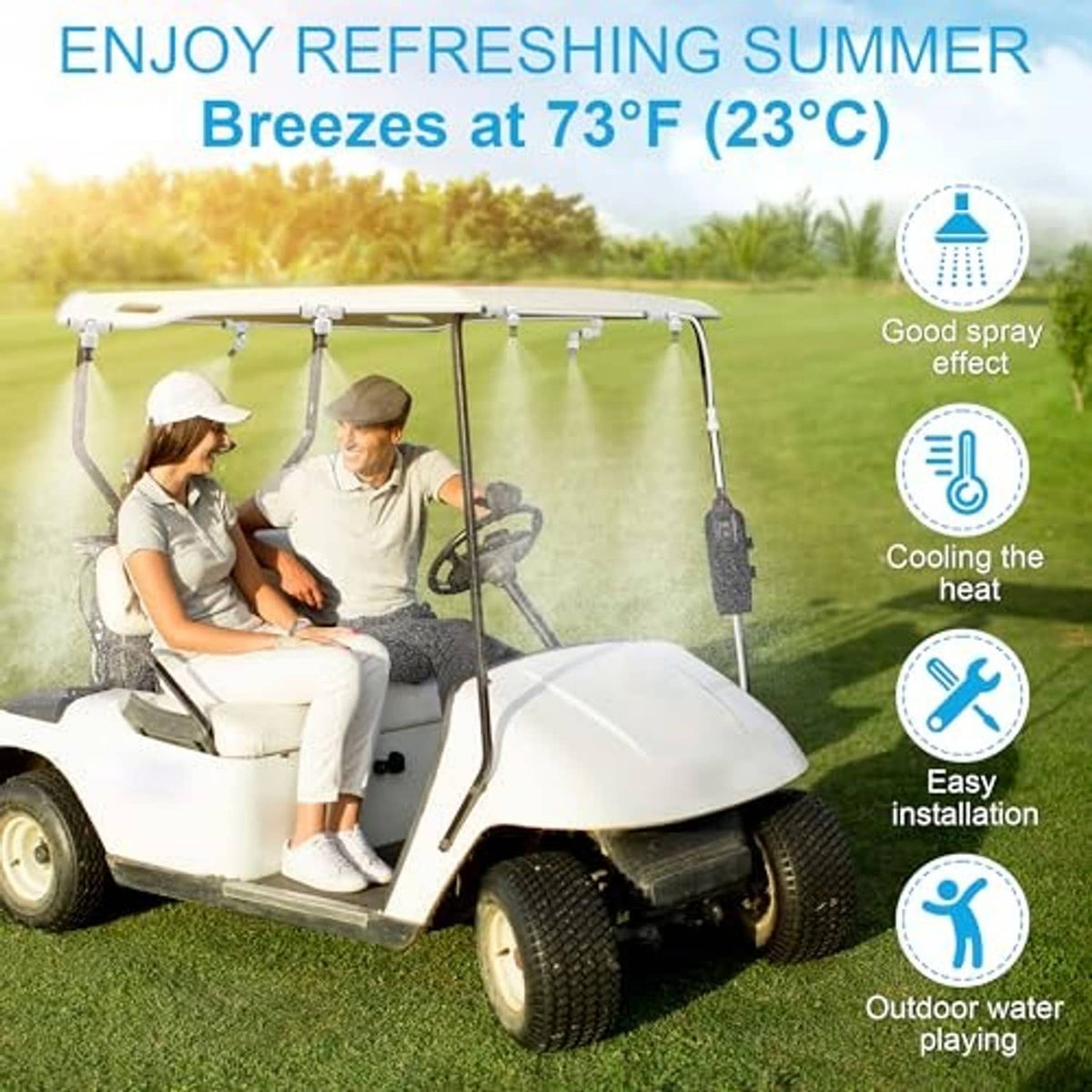 Outdoor misting cooling system on a lawn with pump bucket and misting spray lines
