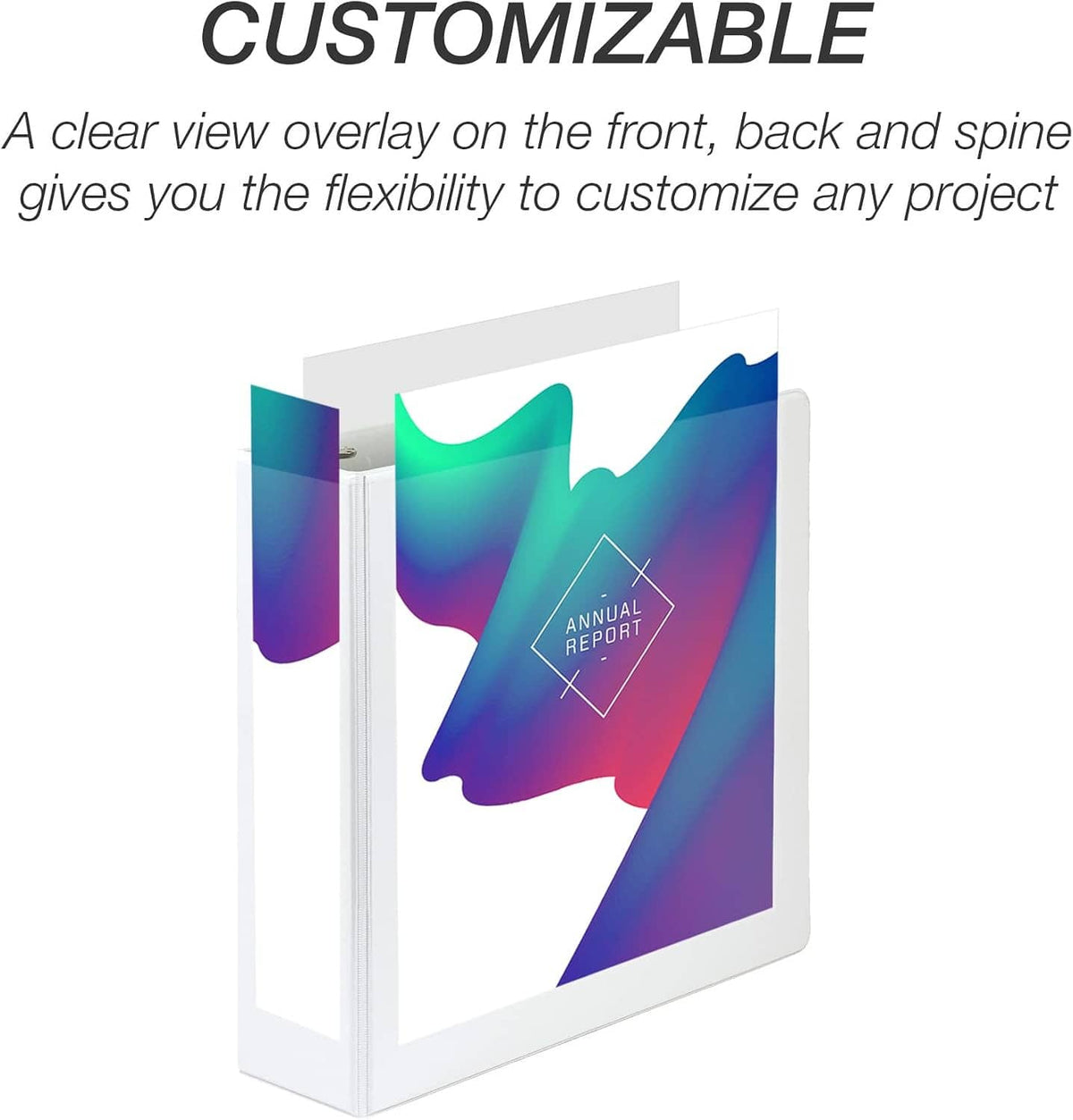 3-ring binder with customizable clear view overlay on front, back, and spine