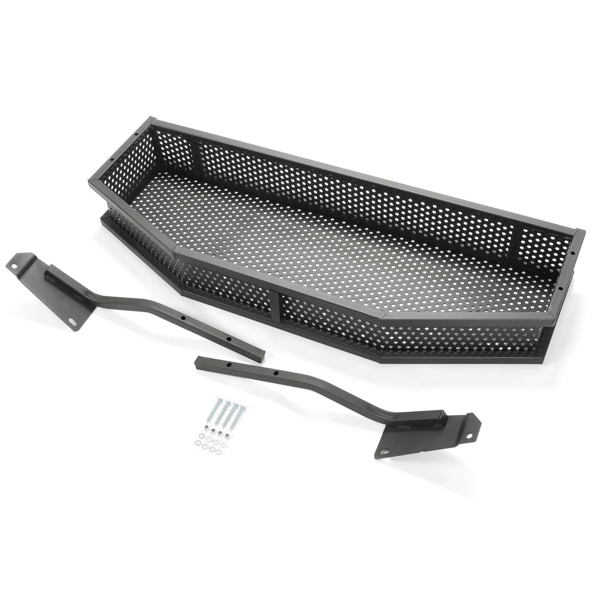 Perforated black steel storage basket kit with mounting brackets and screws