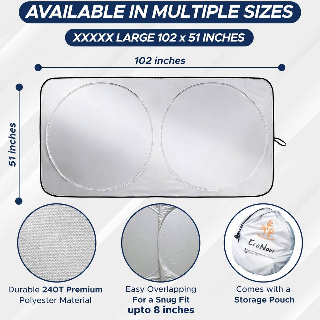 Reflective RV windshield sunshade in light fabric, shown with size guide circles