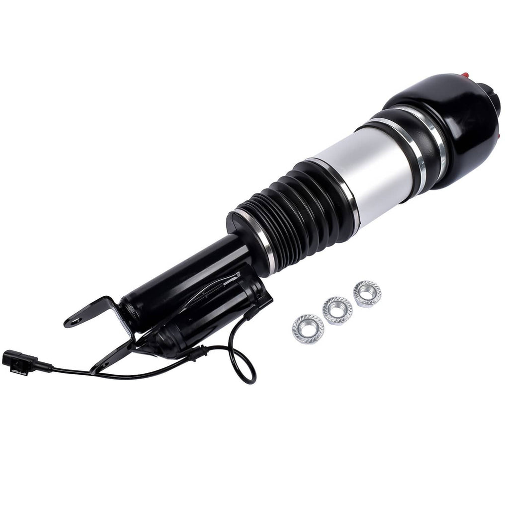 Air suspension strut end view with black mounting arms, coiled spring, and included circular washers