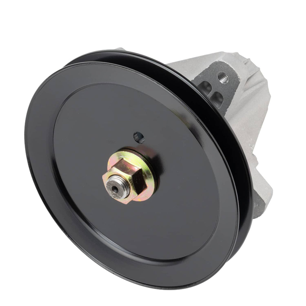 Deck spindle assembly with black pulley disc and silver bracket with bolt hole
